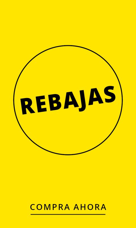 Fondo amarillo con un círculo con borde negro y la palabra "REBAJAS" en negritas letras negras en el interior, que indica una venta o descuento.