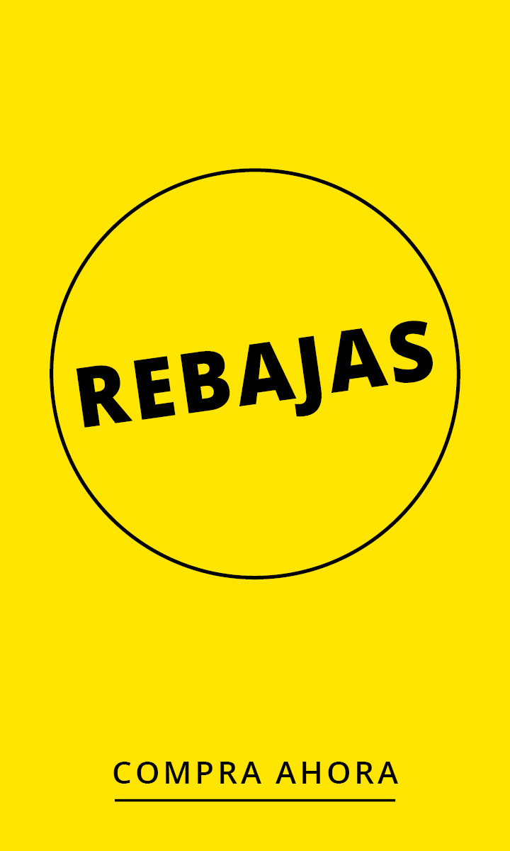 Fondo amarillo con un círculo con borde negro y la palabra "REBAJAS" en negritas letras negras en el interior, que indica una venta o descuento.