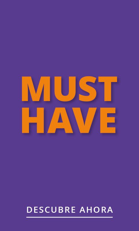 Texto naranja "MUST HAVE" sobre fondo violeta. Debajo, en letras blancas, "DESCUBRE AHORA" con una línea blanca encima.
