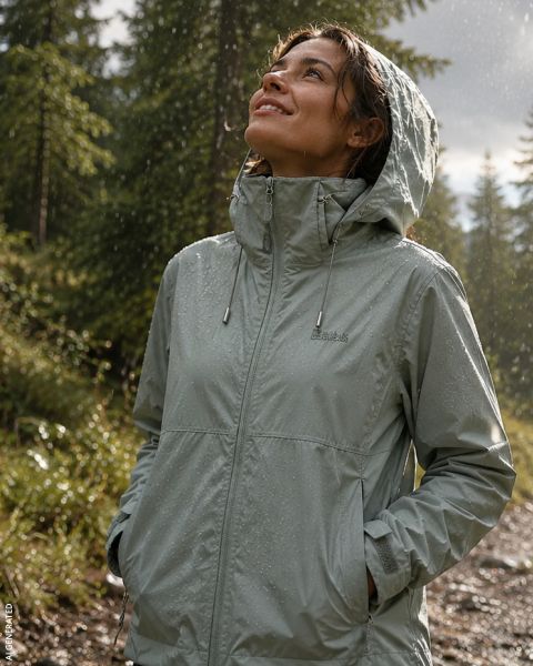 Una persona con un impermeable rojo camina bajo la lluvia por un sendero forestal embarrado, rodeada de altos pinos y rocas mojadas.