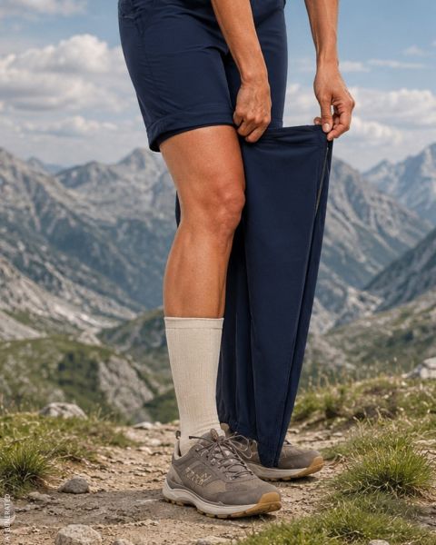 Persona al aire libre en un sendero de montaña rocoso, transformando la parte inferior de sus pantalones azul marino en pantalones cortos mediante una cremallera, revelando calcetines beige y botas de senderismo.