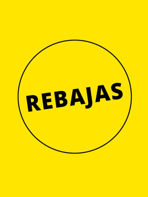 Amarillo de fondo con un círculo negro. Dentro del círculo está escrita la palabra "REBAJAS" en negrita, mayúsculas negras.