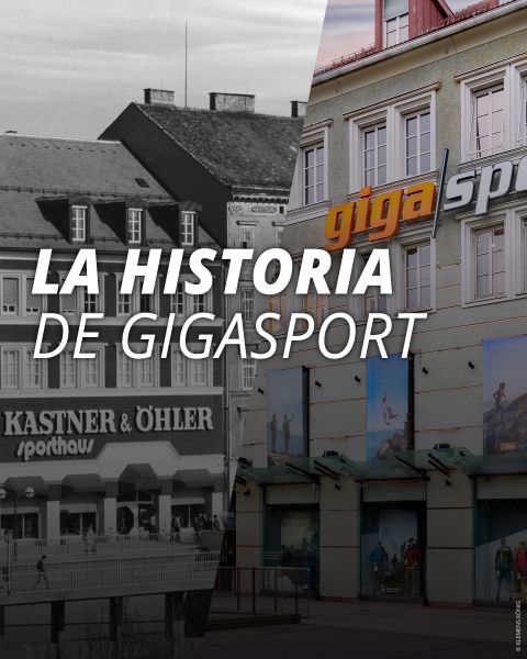 Imagen dividida de una tienda Gigasport antigua y moderna con el texto "La Historia de Gigasport" superpuesto en el centro.