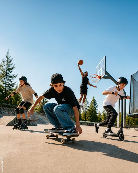 Cuatro niños en un parque de patinaje: Uno anda en patineta, otro en patines en línea, otro en patinete y otro hace un mate de baloncesto. En el fondo se ven árboles y el cielo azul.