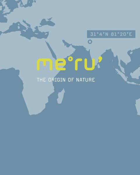 Mapa minimalista que muestra una parte de Asia y África, con el texto „me°ru' The Origin of Nature“ y las coordenadas 31°4'N 81°20'E en el Océano Índico.