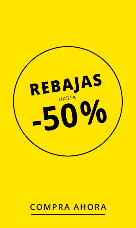 Gelber Hintergrund mit fettgedrucktem Text: „REBAJAS HASTA -50 %“ in einem schwarzen Kreis. Darunter steht in schwarzer Schrift: „COMPRA AHORA“.