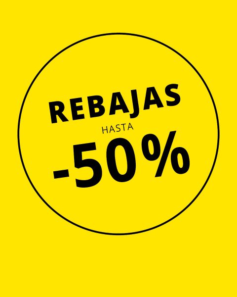 Fondo amarillo con un círculo negro. Dentro, en negrita, dice «REBAJAS HASTA -50%», lo que indica descuentos de hasta el 50 %.