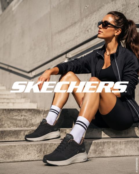 Una mujer con ropa deportiva y gafas de sol está sentada en una escalera exterior y lleva zapatillas Skechers negras. El logo de Skechers es visible a lo largo de la imagen.