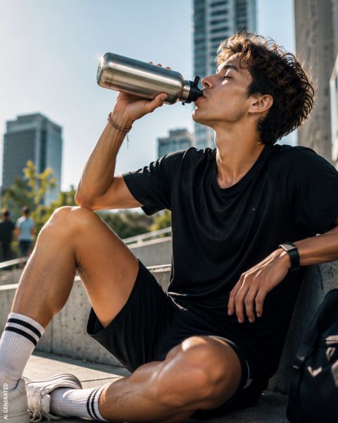 Un joven con ropa deportiva está sentado afuera en un escalón de hormigón, bebiendo de una botella de agua metálica, y al fondo se ven edificios altos.