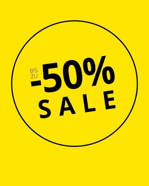 Fondo amarillo con un círculo negro, en el que el texto «HASTA -50 % DE DESCUENTO» está en letras negras y en negrita.