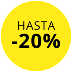 Círculo amarillo con el texto negro „HASTA -20 %“, que indica un descuento de hasta el 20 por ciento.