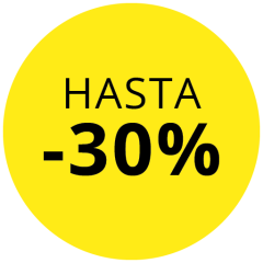 Un círculo amarillo con letras negras, en el que se lee "HASTA -30 %", lo que indica una oferta de descuento de hasta el 30 por ciento.