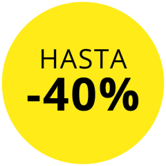 Un círculo amarillo con letras negras, en el que se lee «HASTA -40 %», lo que indica un descuento de hasta el 40 por ciento.
