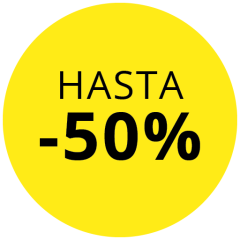 Círculo amarillo con el texto negro „HASTA -50 %“, que indica un descuento de hasta el 50 por ciento.