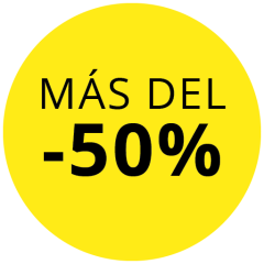 Un círculo amarillo con texto negro en negrita, que dice „MÁS DEL -50 %“, lo que indica un descuento de más del 50 por ciento.