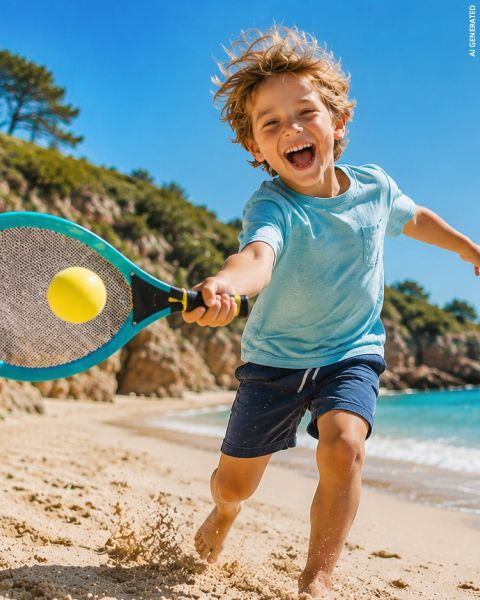 Un niño sonriente jugando al tenis en una playa de arena y bajo un cielo azul brillante, golpeando una pelota amarilla con una raqueta, con árboles y agua visibles en el fondo.