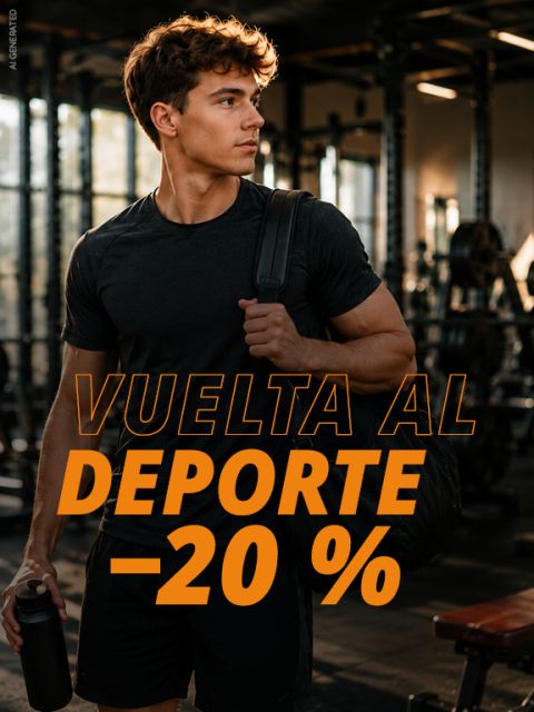 Un joven con ropa deportiva, que sostiene una bolsa de deporte y una botella de agua en la mano, con la inscripción en negrita: «**Vuelta al Deporte - 20 %**». Al fondo se ven equipos de gimnasio.