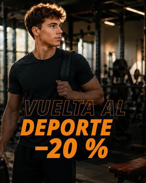 Un joven en un gimnasio, sosteniendo una bolsa de deporte, con letras naranjas que dicen: «VUELTA AL DEPORTE - 20 %». En el fondo se ven equipos de gimnasio.