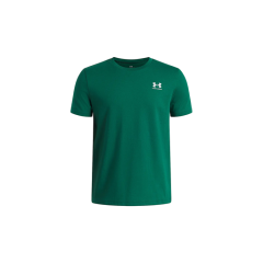 Verdadero.
Camiseta verde de manga corta con el logo blanco de Under Armour en el pecho izquierdo, representado sobre un fondo blanco y redondo.