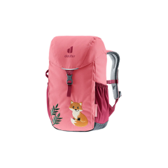 Mochila infantil rosa con un bonito motivo de zorro y hojas, bolsillos laterales y correas ajustables grises, representada sobre un fondo blanco y redondo.