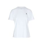 Weißes T-Shirt mit kurzen Ärmeln und einem kleinen schwarzen „on“-Logo auf der linken Brust, das sich von einem schlichten weißen Hintergrund abhebt.