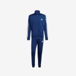 Blauer Adidas-Trainingsanzug mit weißen Streifen an Ärmeln und Hosenbeinen, Jacke mit Reißverschluss und passender Hose, präsentiert vor einem schlichten weißen Hintergrund.