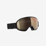 Mattschwarze Skibrille mit einer breiten, braun getönten, verspiegelten Scheibe und einem verstellbaren Riemen.