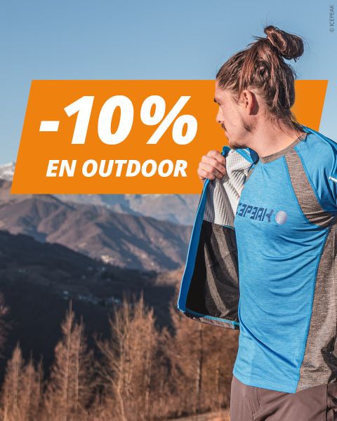 Un hombre en ropa deportiva al aire libre con un paisaje montañoso de fondo; un banner naranja dice "-20 % EN OUTDOOR".