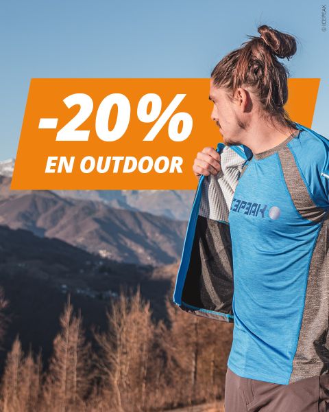Un hombre en ropa deportiva al aire libre con un paisaje montañoso de fondo; un banner naranja dice "-20 % EN OUTDOOR".