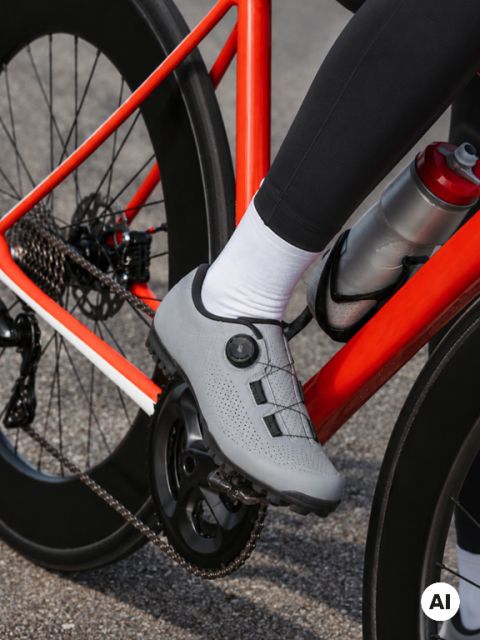 Un primer plano del pie de una persona en una zapatilla de ciclismo sobre un pedal de bicicleta, con hojas de otoño y un paisaje exterior borroso al fondo.