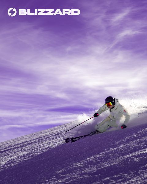 Dos esquiadores con ropa de invierno bajan una ladera cubierta de nieve. El esquiador de la izquierda lleva un traje rosa, el de la derecha uno beige. Ambos llevan cascos y gafas protectoras. El logotipo de Blizzard se ve en la parte superior izquierda.