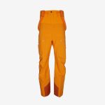 Leuchtend orangefarbene Hose mit hoher Taille, Hosenträgern und verstärkten Bündchen, präsentiert vor weißem Hintergrund.