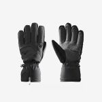 Ein Paar schwarze Winterhandschuhe mit verstärkten Handflächen und Riemen am Handgelenk, die mit der Handfläche nach oben und nach unten auf einem weißen Hintergrund abgebildet sind.