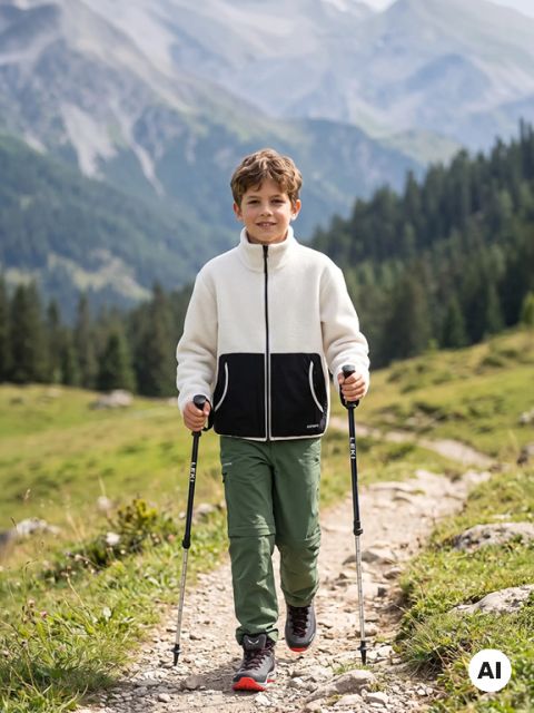 Un niño sonriente camina por un sendero de montaña con bastones de senderismo; lleva una chaqueta blanca y pantalones verdes. Al fondo se ven bosques y montañas.