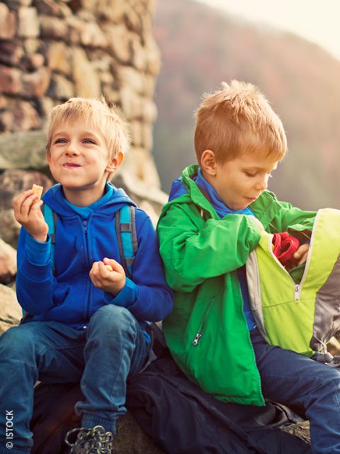Dos niños pequeños están sentados afuera sobre rocas. Uno está comiendo un bocadillo y sonriendo, mientras el otro está hurgando en una mochila verde. Ambos llevan chaquetas de colores.