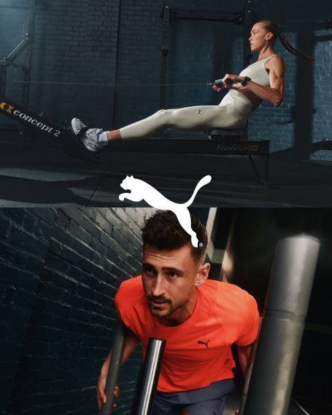 Una mujer en ropa deportiva levanta una pesa, un hombre se agacha con un cubo a su lado, otra persona cuelga de unas anillas en un gimnasio. Arriba está el texto "FOREVER. FASTER." con un logo de Puma.