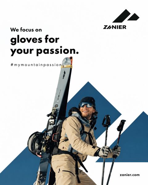 Un esquiador con equipo de invierno esquía en la nieve por la ladera de una montaña. El texto en negrita dice: "Nos centramos en los guantes para tu pasión". También se ve el logotipo de Zanier y el sitio web. Se incluye el hashtag #mymountainpassion.