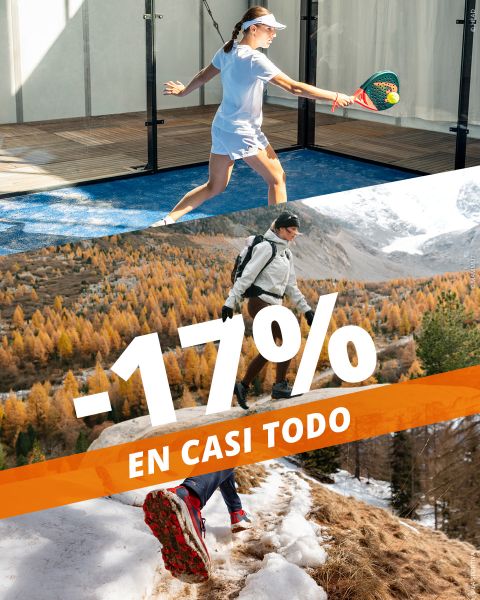 Una imagen compuesta que muestra a una mujer jugando en una cancha de pádel azul, superpuesta con un excursionista en un bosque de montaña, con el texto "-17% EN CASI TODO".