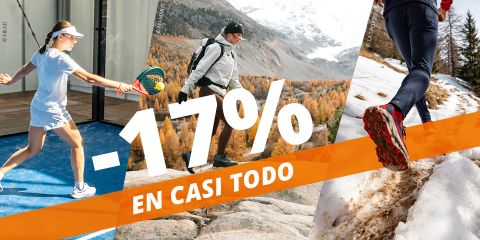 Una composición que muestra a una mujer jugando al pádel, un excursionista en un sendero de montaña y una persona corriendo en la nieve, superpuesta con el texto "-17 % EN CASI TODO".