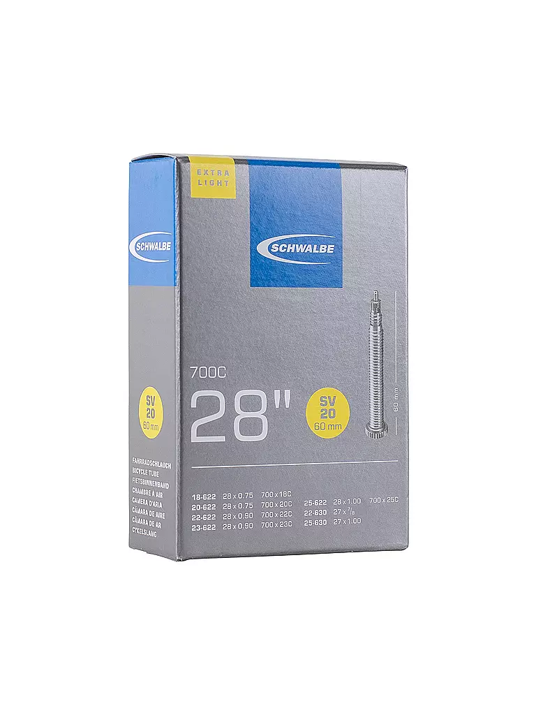 SCHWALBE | Cámara de bicicleta nº 20 Extra Light SV60 (28"/700C) | Negro