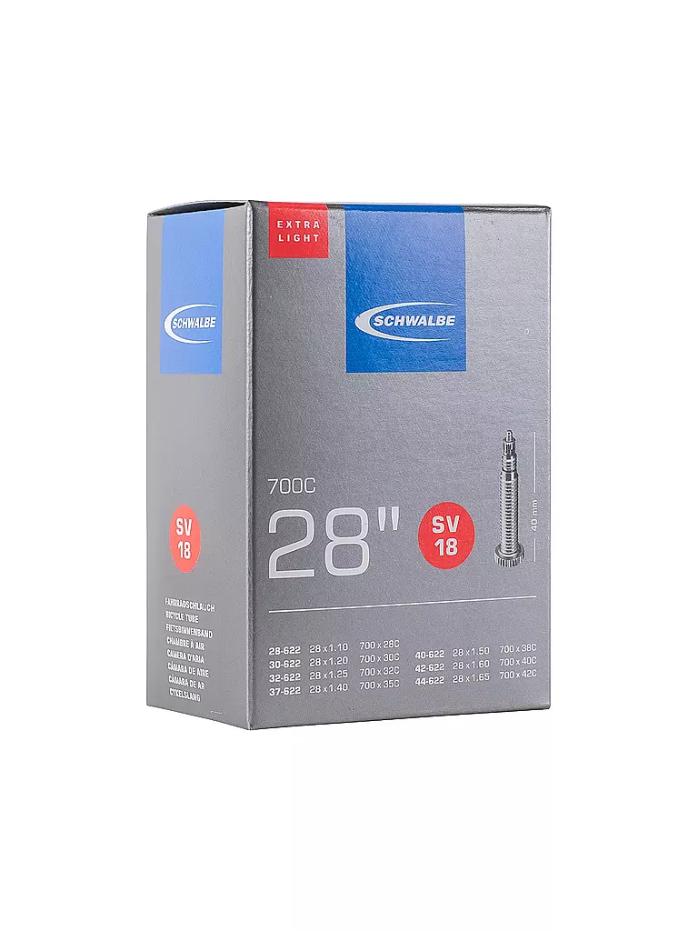 SCHWALBE | Cámara de bicicleta n.º 18 Extra Light SV40 (28"/700C) | Negro