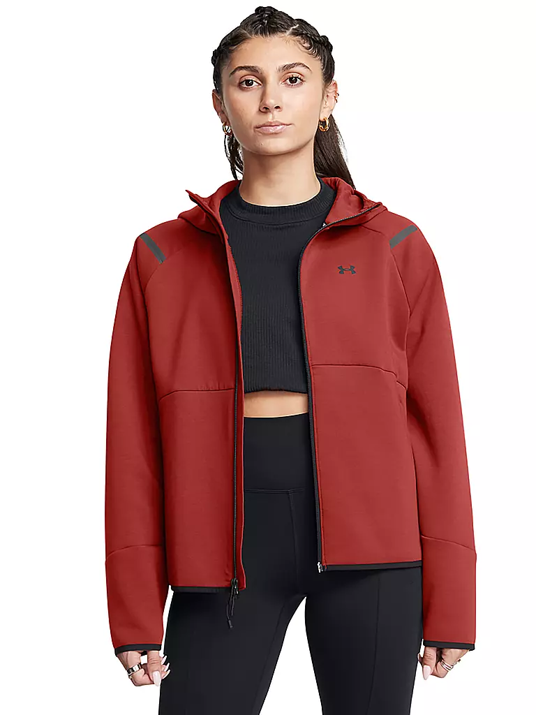 UNDER ARMOUR | Chaqueta con capucha para mujer UA Unstoppable Fleece con cremallera completa | Rojo oscuro