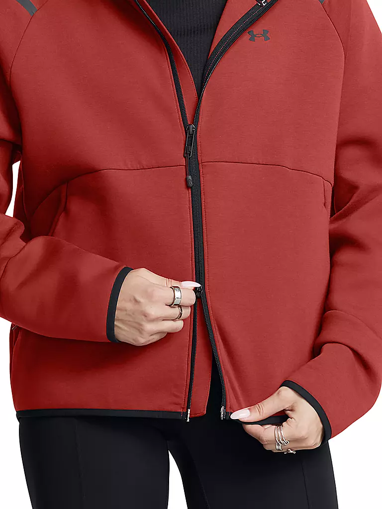 UNDER ARMOUR | Chaqueta con capucha para mujer UA Unstoppable Fleece con cremallera completa | Rojo oscuro